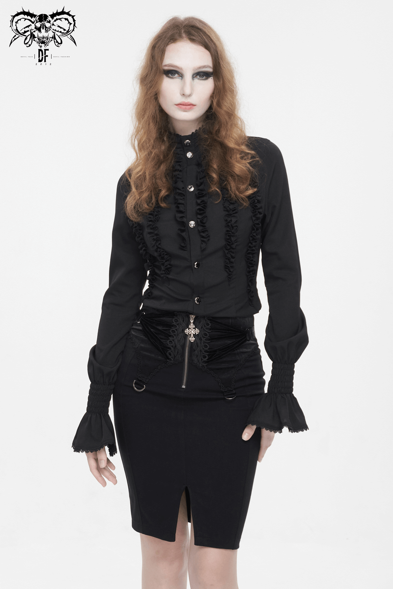 Elegant gothic embroidered black skirt with front slit and lace-up back, styled with a dramatic black blouse.