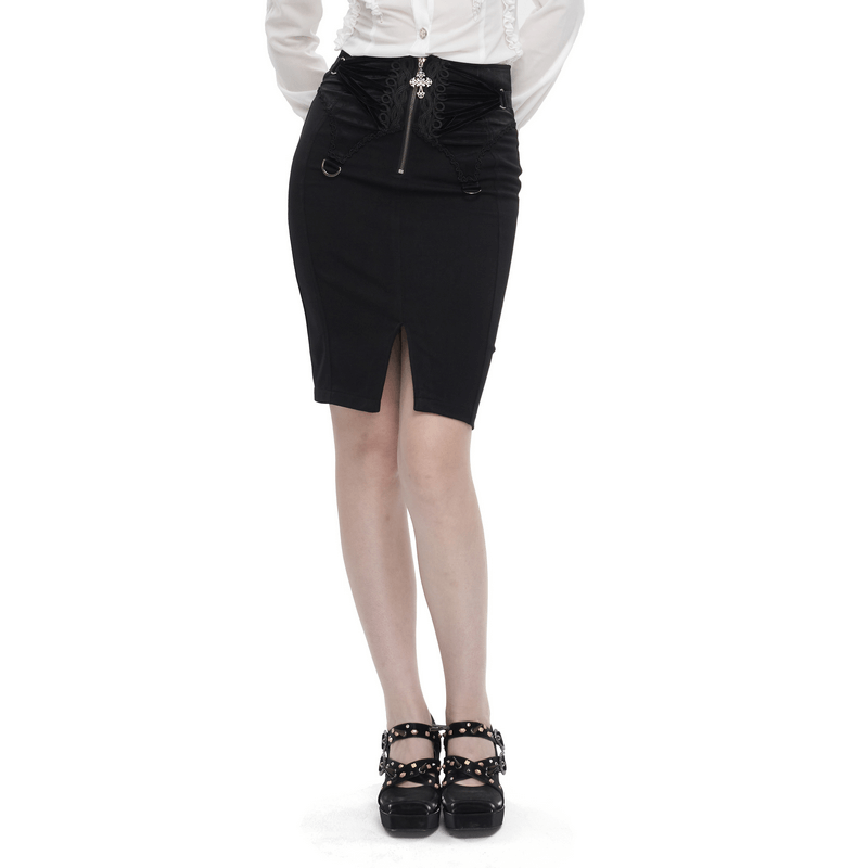 Elegant gothic embroidered short skirt with front slit and lace-up back, styled for alternative fashion lovers.