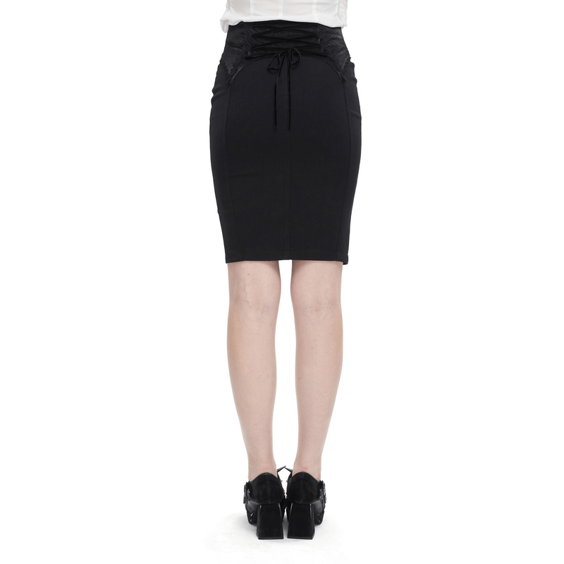 Elegant gothic embroidered short skirt with lace-up back and sultry silhouette.
