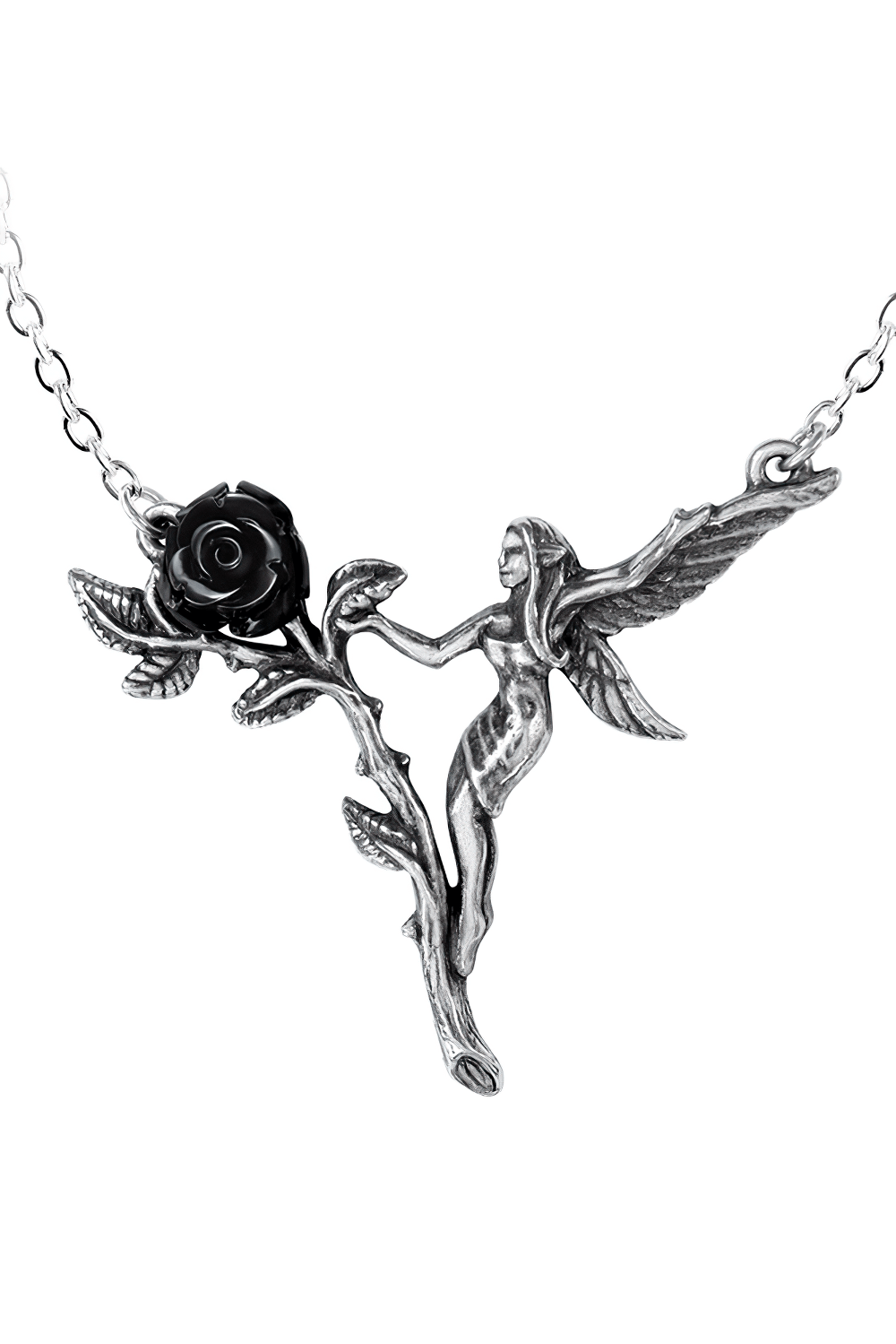 Elegant Gothic Fairy Rose Necklace with pewter fairy and black rose, perfect for dark romantic aesthetics.