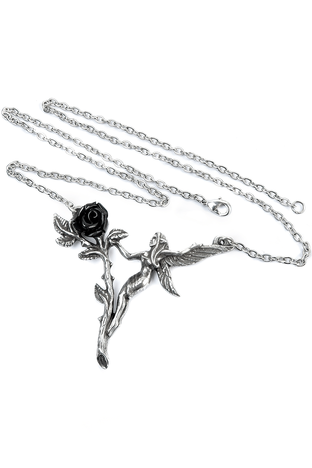 Elegant Gothic fairy necklace featuring a black rose and intricately detailed wings.