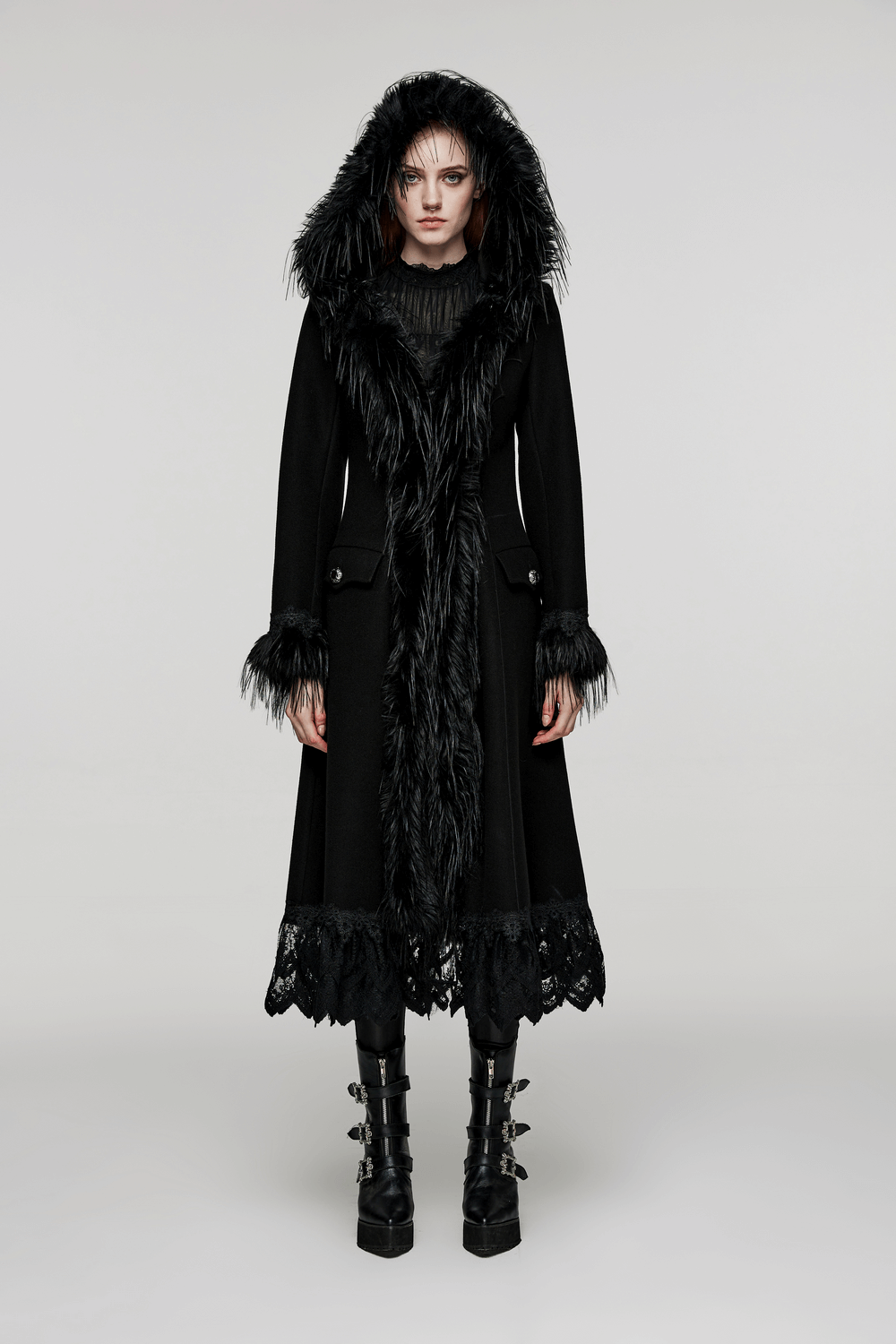 Elegant Gothic faux cashmere lace-trim coat with plush fur accents and dramatic lace hem.
