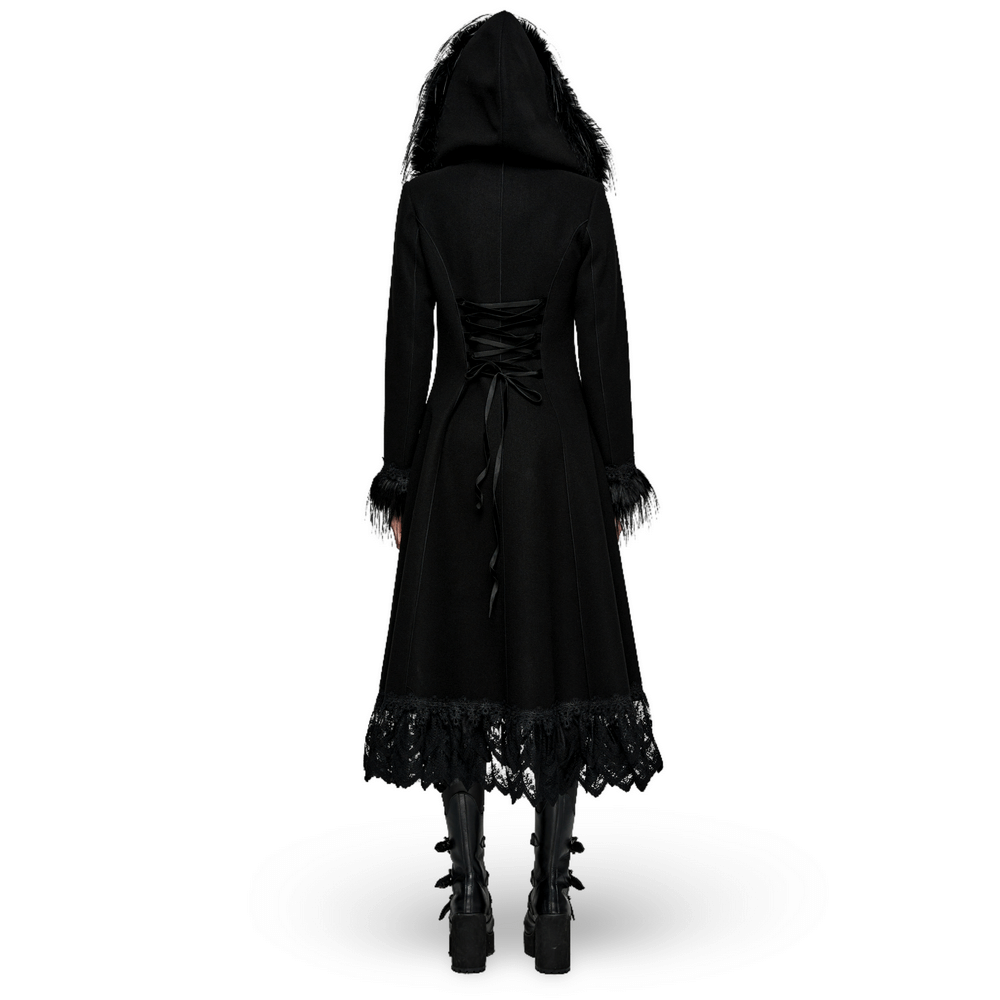 Back view of an Elegant Gothic Faux Cashmere Lace-Trim Coat featuring a hood and lace accents.