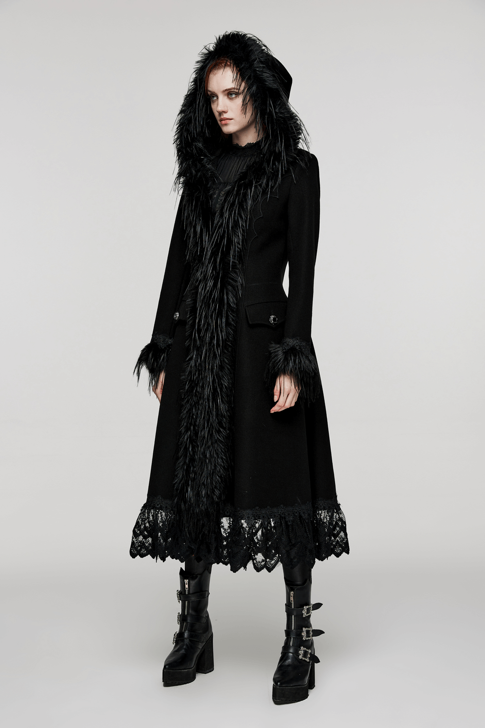 Elegant Gothic faux cashmere coat with lace trim and faux fur accents, perfect for a dramatic stylish look.