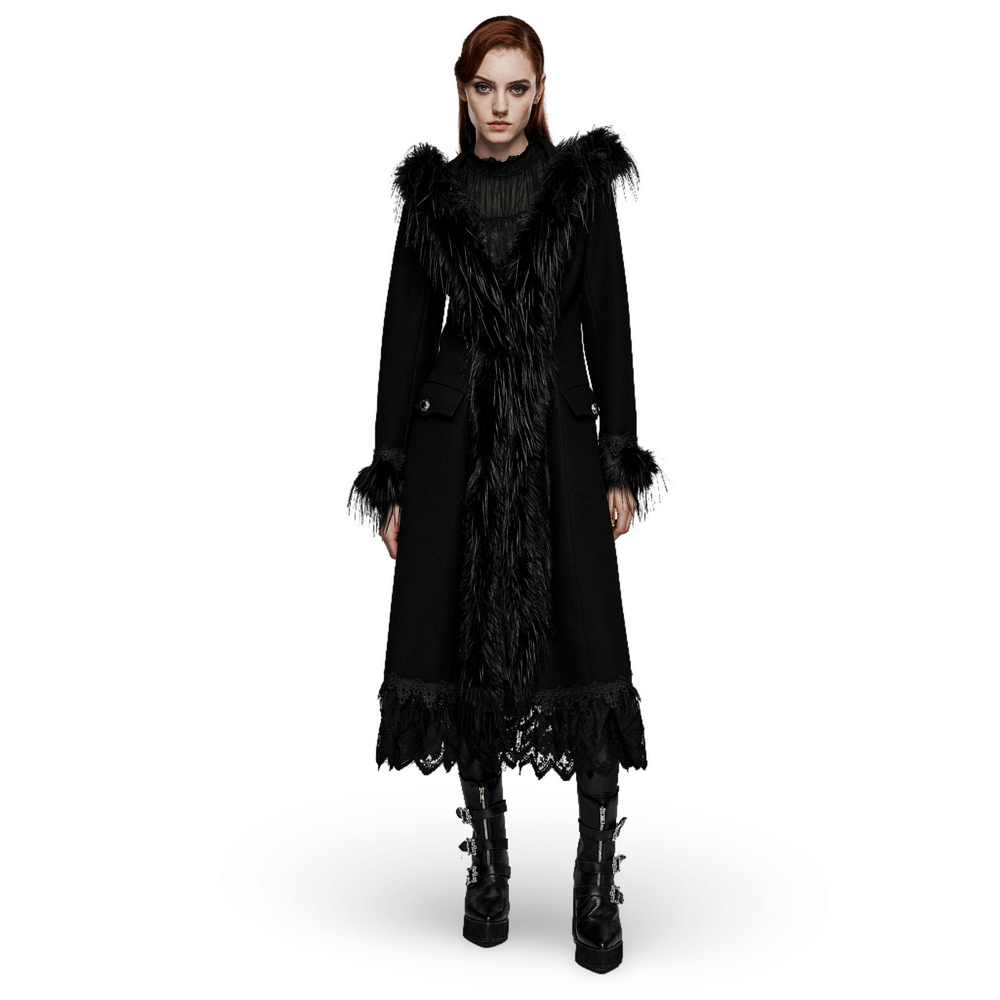Elegant Gothic faux cashmere coat with lace trim and plush fur accents, perfect for dramatic style.