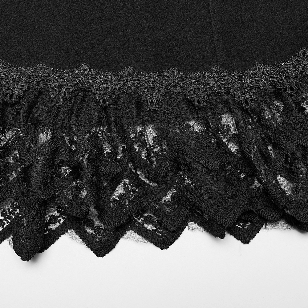 Close-up of luxurious black lace trim on an Elegant Gothic Faux Cashmere Coat, showcasing intricate detailing.