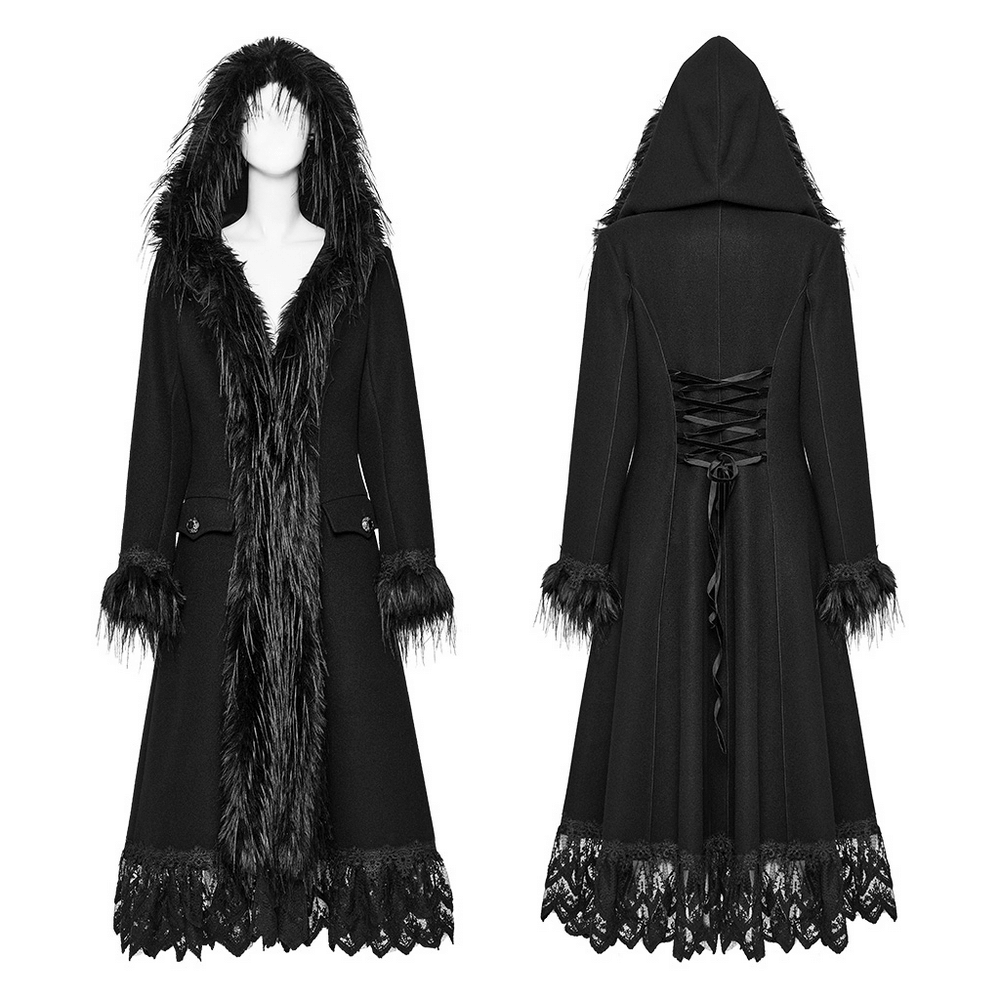 Elegant Gothic coat with faux cashmere, lace trim, and fur accents, featuring a dramatic hood and plush cuffs.