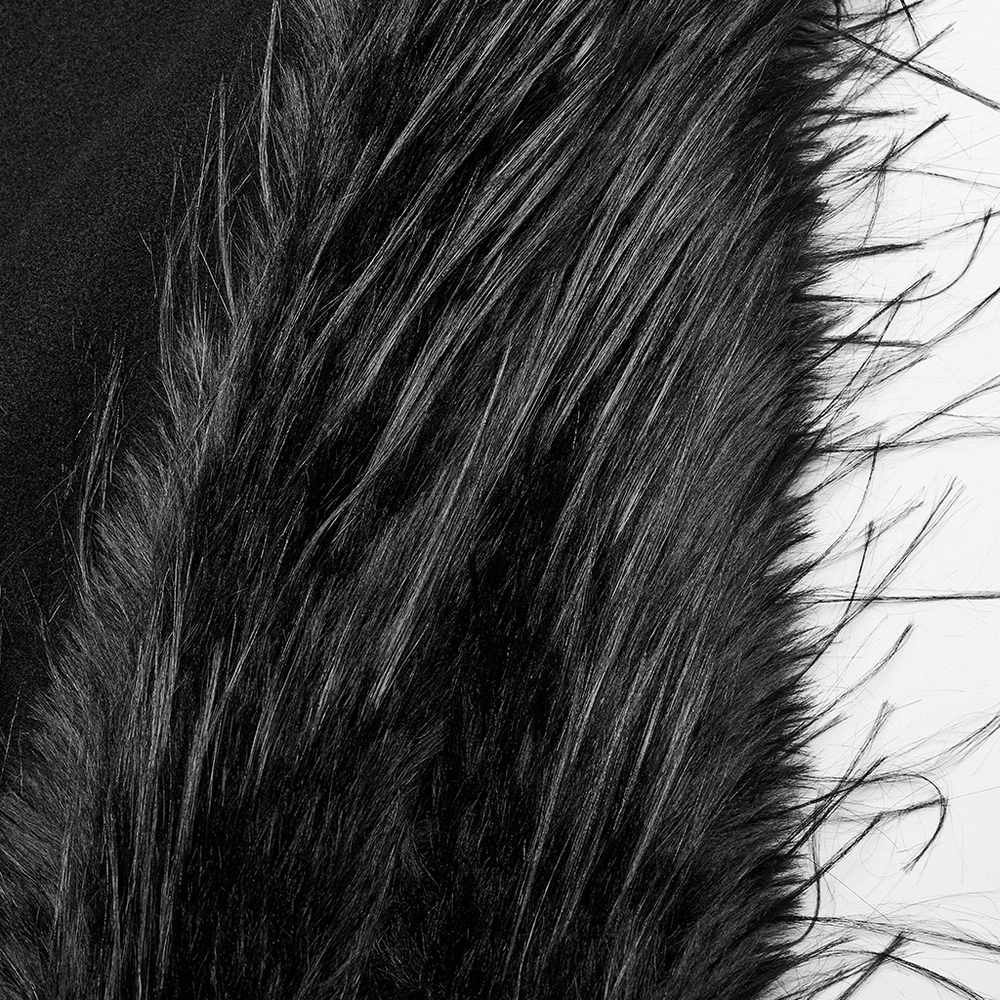 Close-up of luxurious faux fur trim on Gothic cashmere coat, highlighting elegant texture and softness.