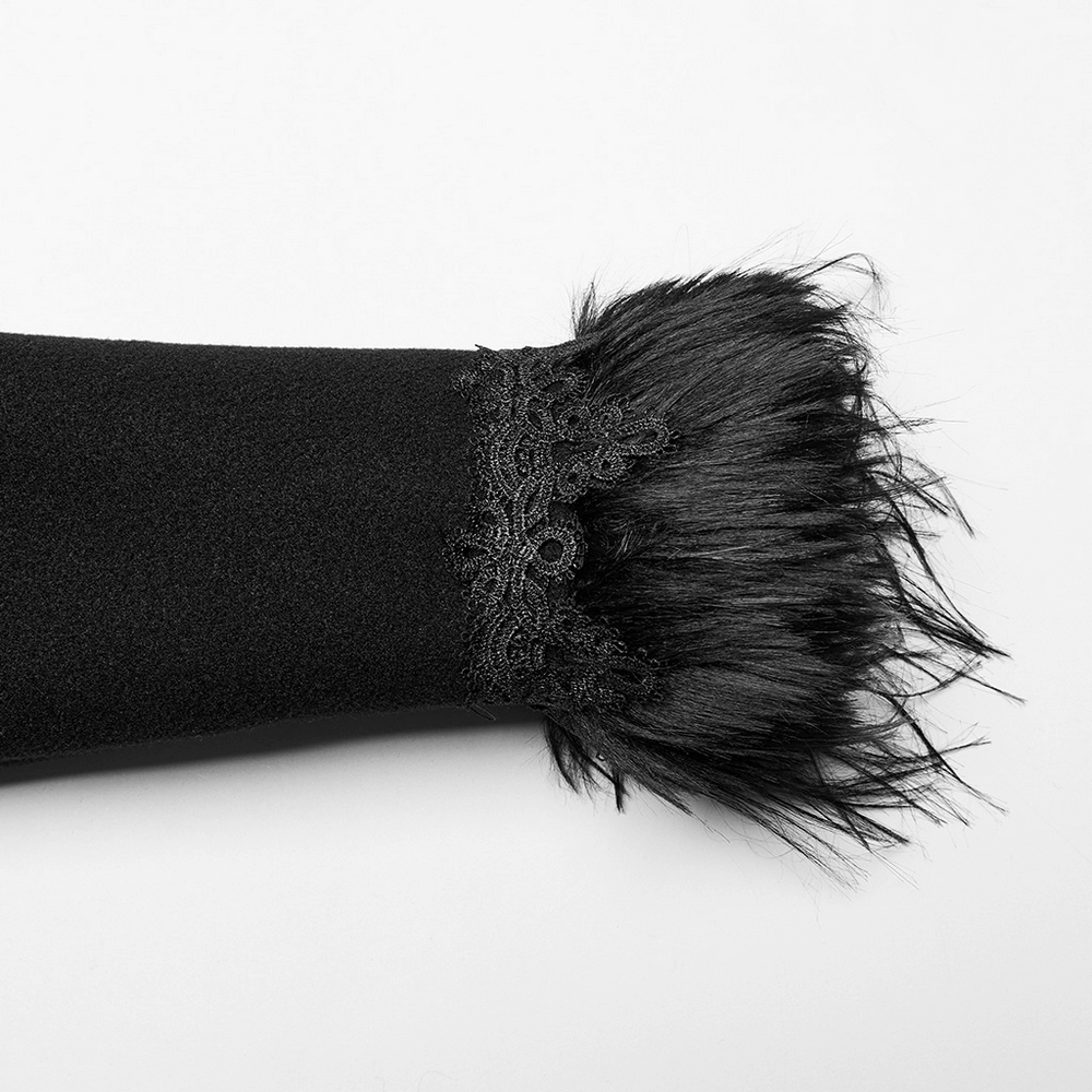 Close-up of the lace-trim and faux fur cuff of an Elegant Gothic Faux Cashmere Lace-Trim Coat.