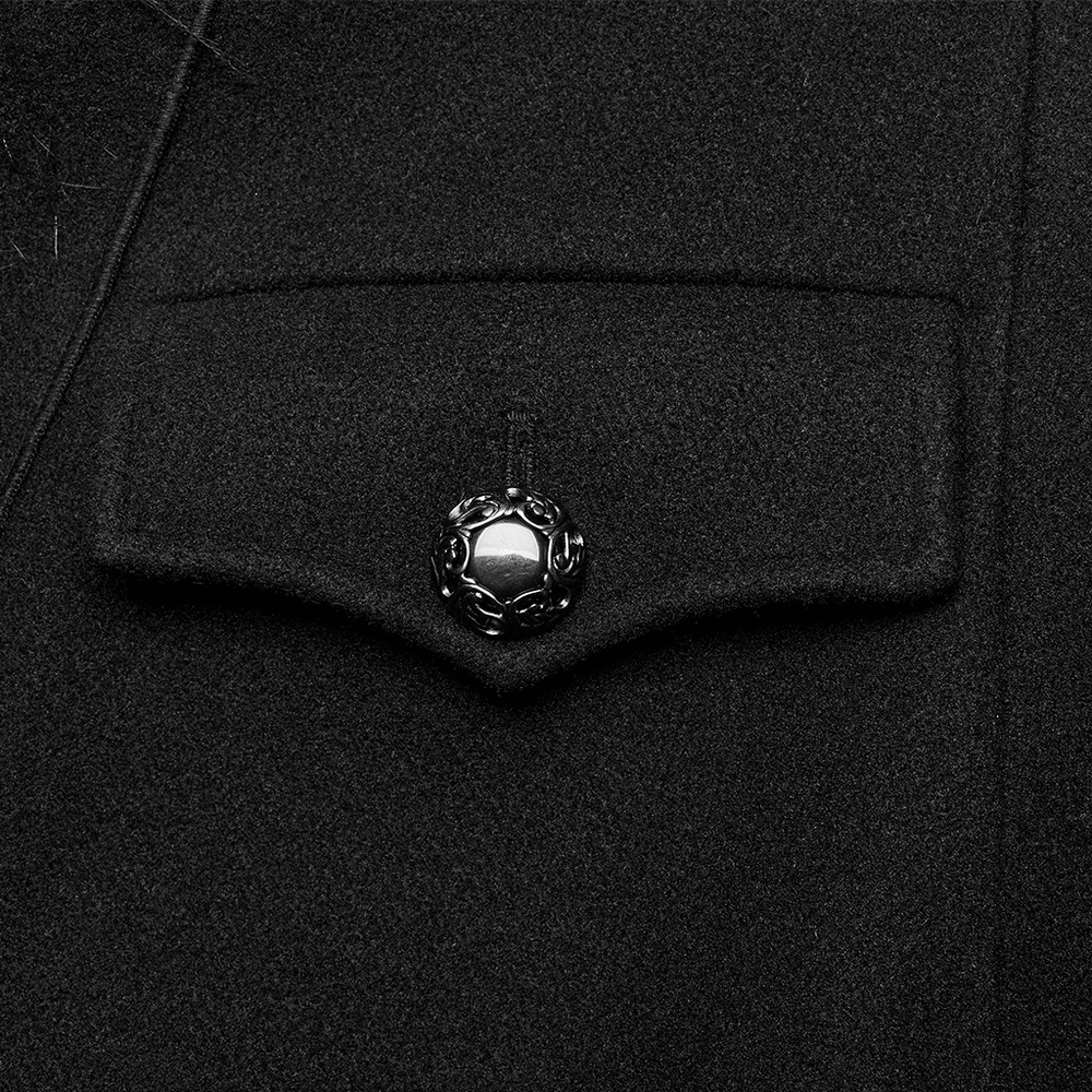 Close-up of the faux cashmere coat pocket with an elegant artificial gemstone clasp.