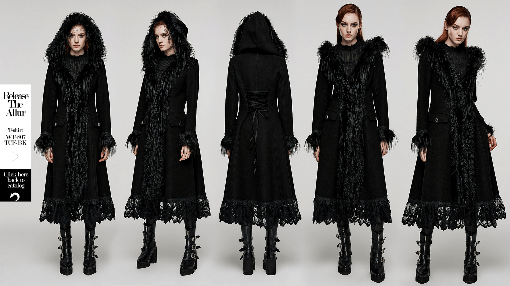Elegant Gothic faux cashmere coat with lace trim and faux fur accents, showcased from multiple angles.