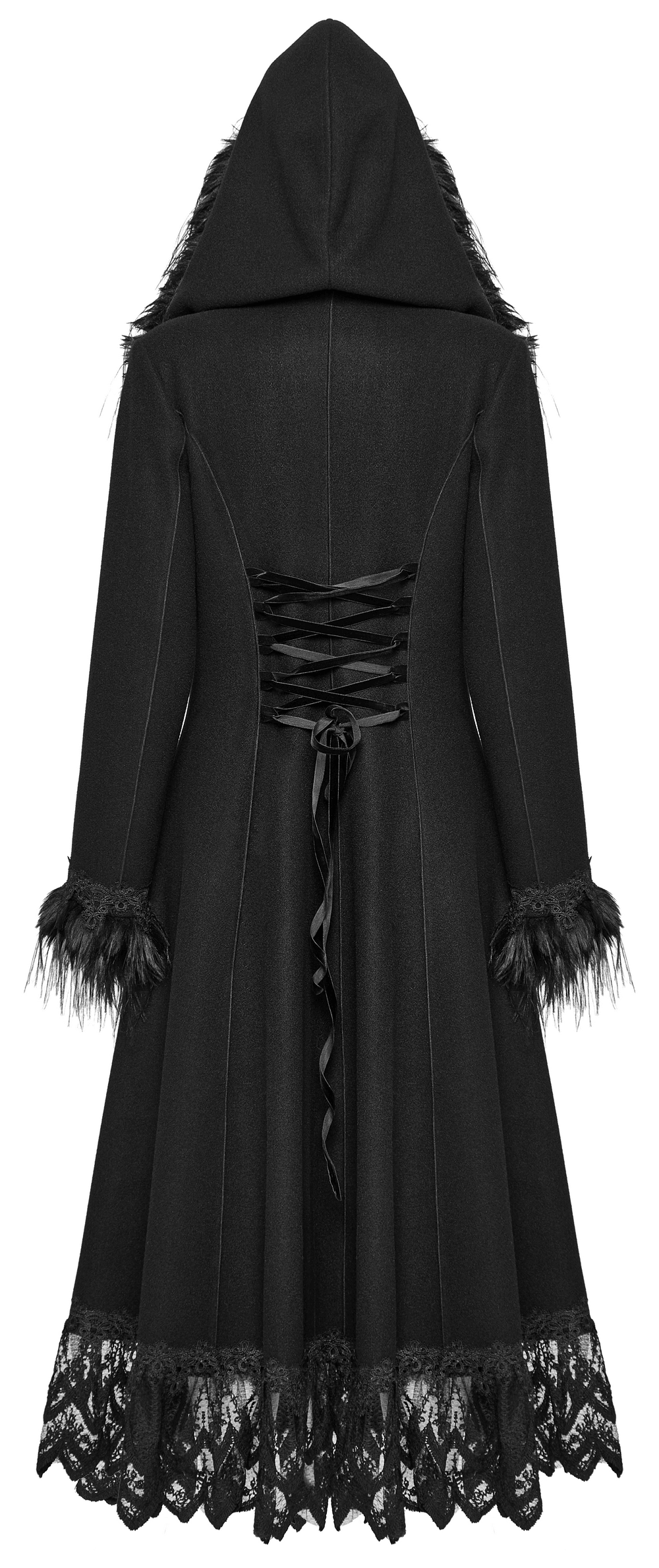 Elegant Gothic coat with lace trim, faux fur accents, and a dramatic hooded design, showcasing opulent styling.