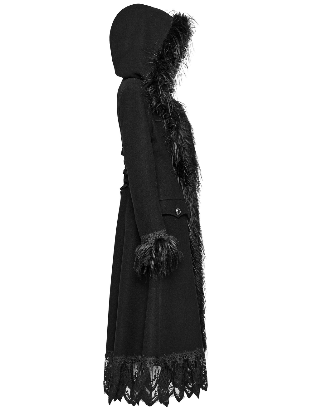 Elegant Gothic faux cashmere coat with lace trim and plush fur accents, showcasing a dramatic silhouette.