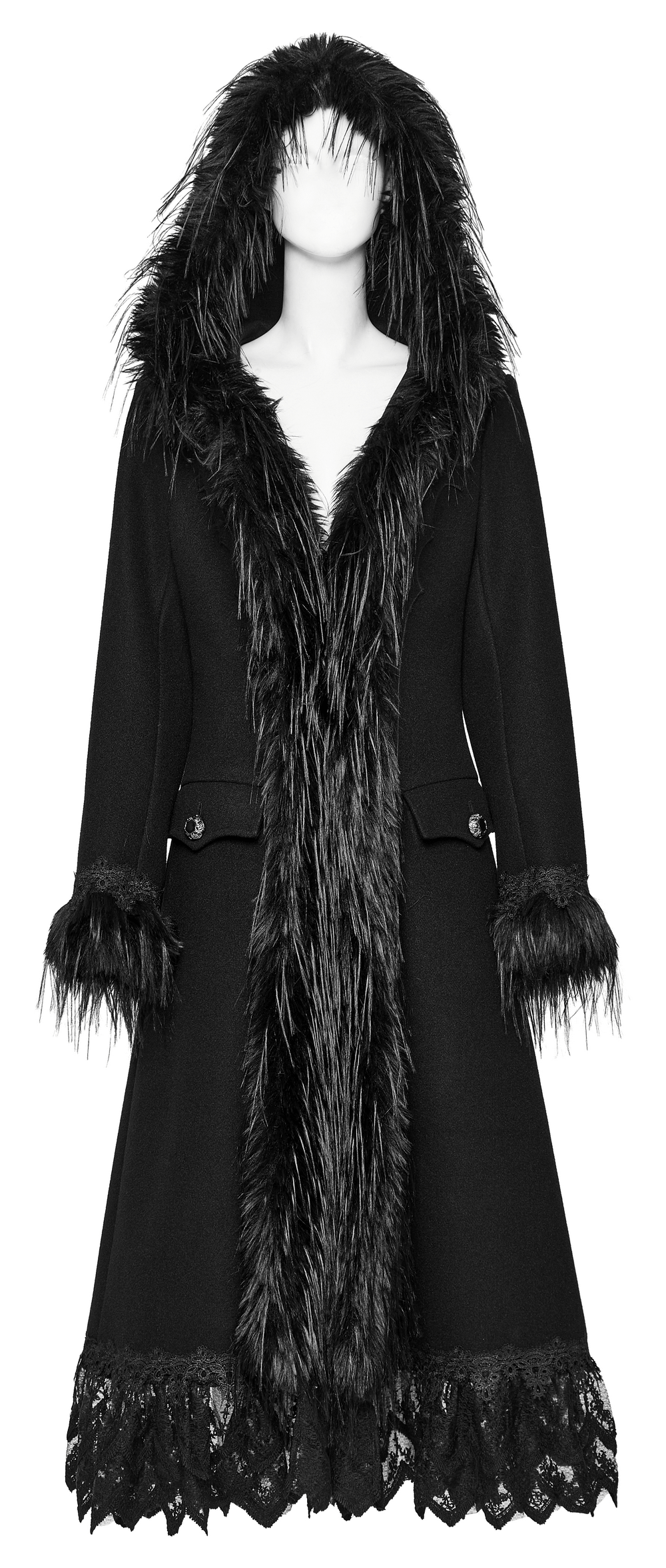 Elegant Gothic Faux Cashmere Lace-Trim Coat with plush fur accents and dramatic lace hem.