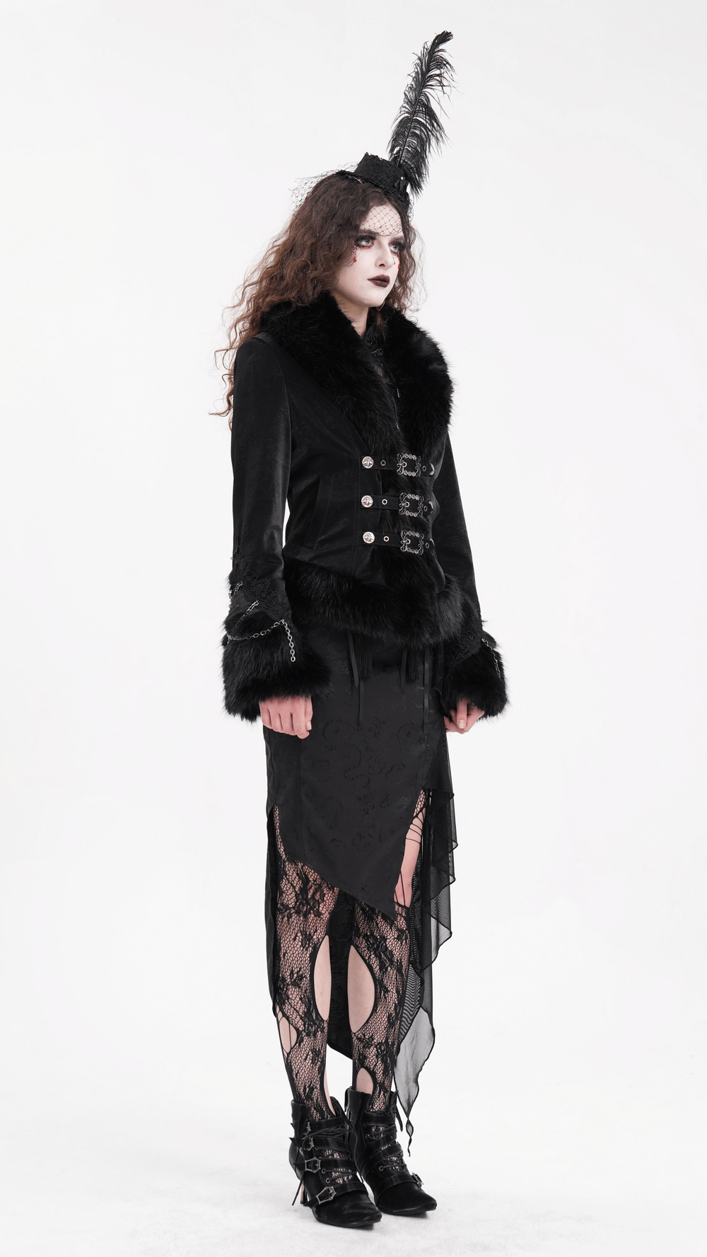 Elegante Gothic-Jacke aus Kunstpelz und Spitzenschnalle