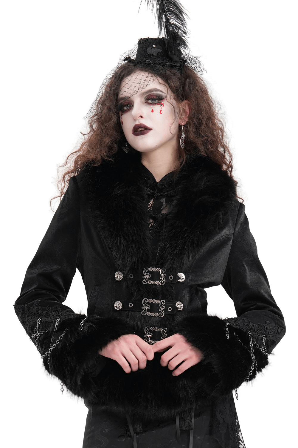 Elegant Gothic black faux fur jacket with lace details, silver buckles, and chains, perfect for dark fashion lovers.