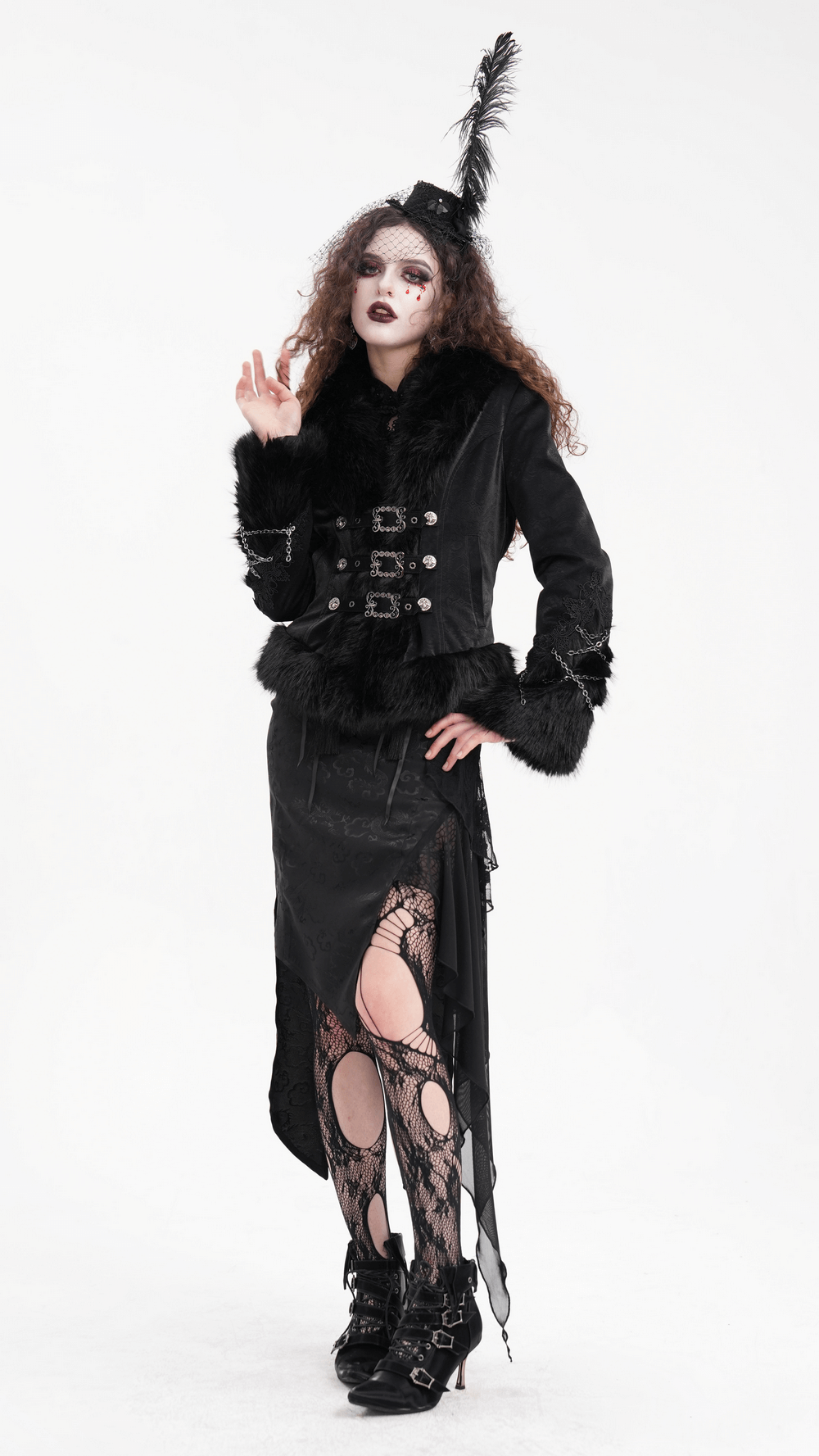 Elegante Gothic-Jacke aus Kunstpelz und Spitzenschnalle