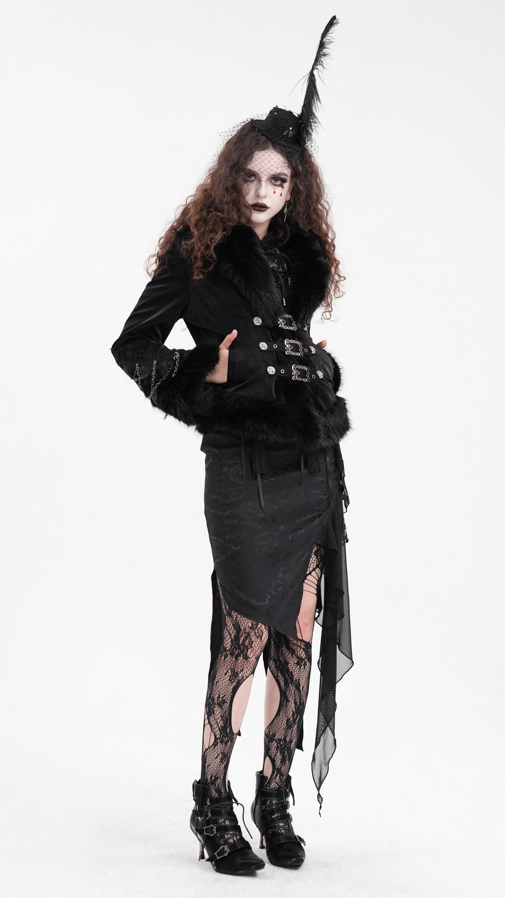 Victorian Gothic model in black faux fur and lace jacket with chains, showcasing dark elegance and edgy style.