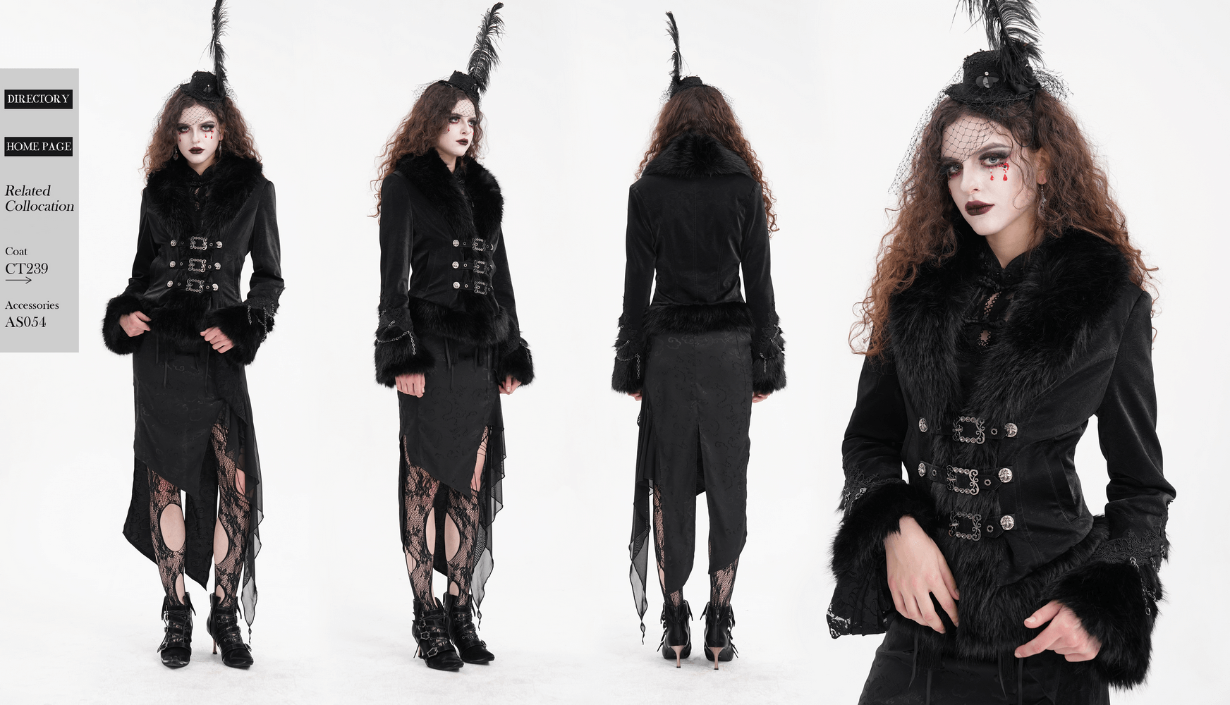 Elegant Gothic black jacket with faux fur, lace, and silver buckles, perfect for dark elegance and Victorian style.