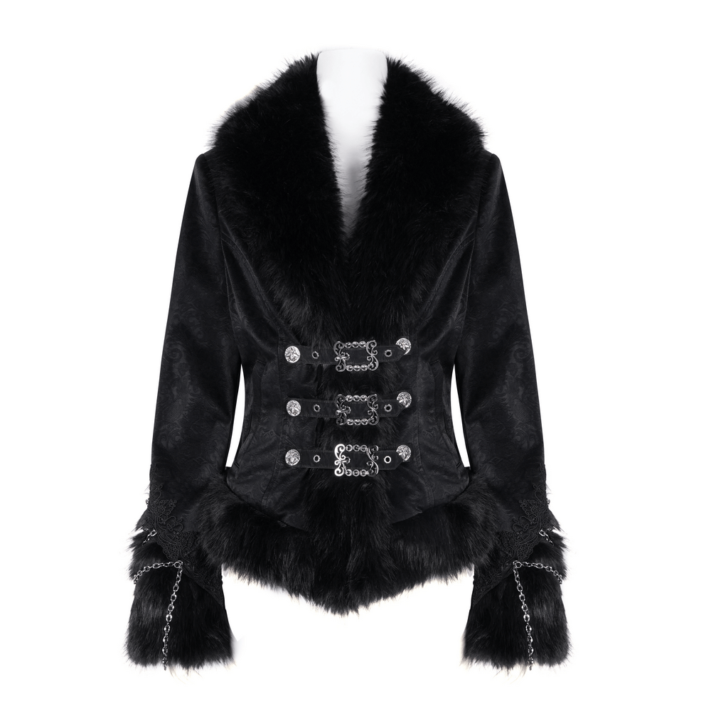 Elegant Gothic black faux fur and lace buckle jacket with chains, perfect for dark elegance and Victorian-inspired style.