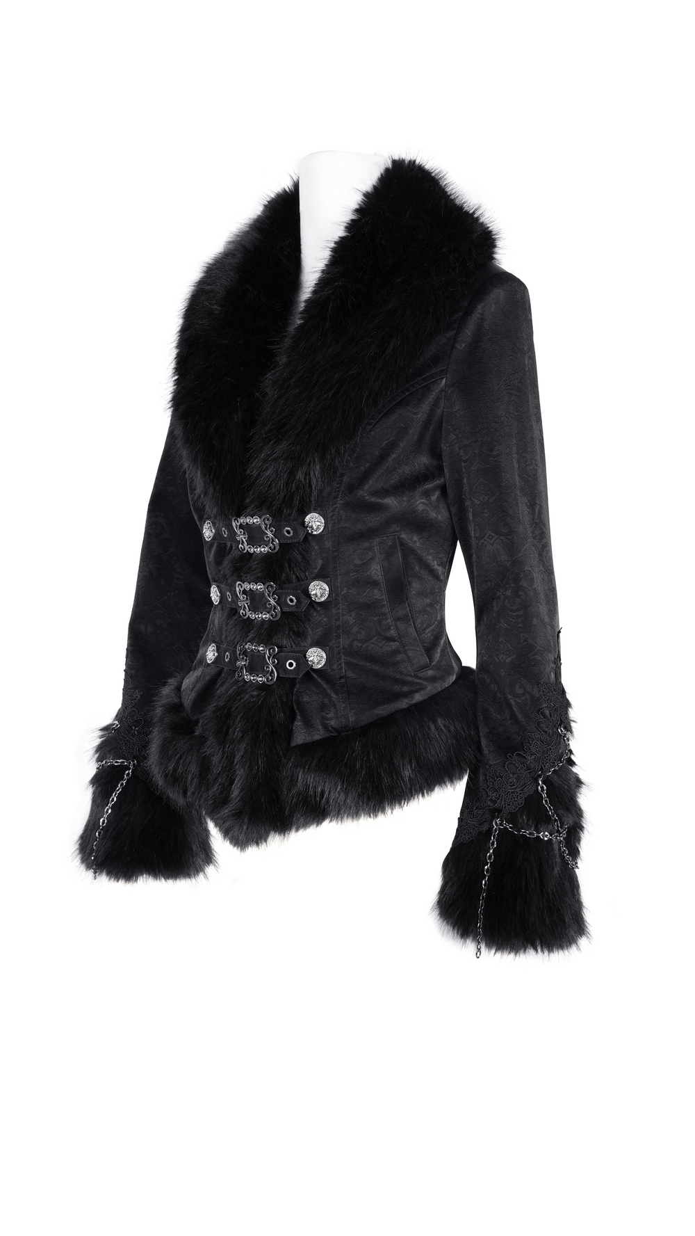 Elegant black Gothic jacket with faux fur collar, lace details, and silver-tone buckles, perfect for dark fashion lovers.