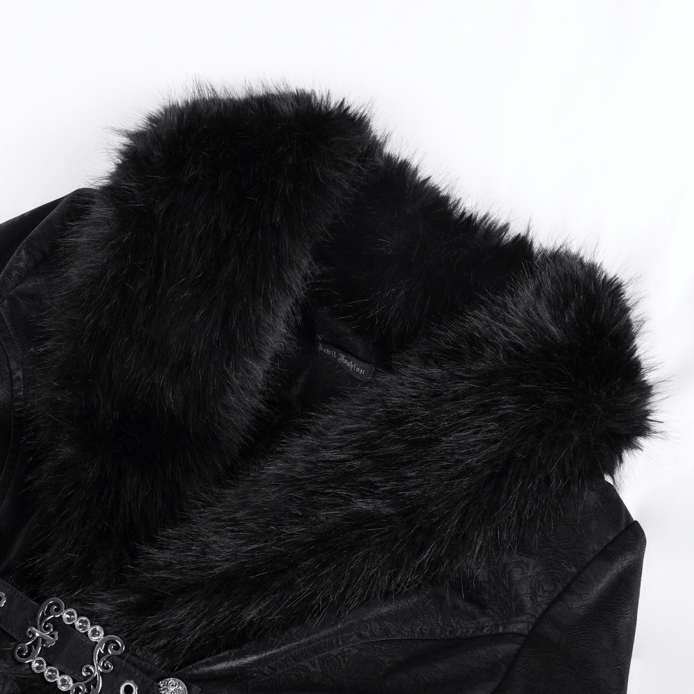 Elegant black jacket collar featuring luxurious faux fur for a chic gothic look.