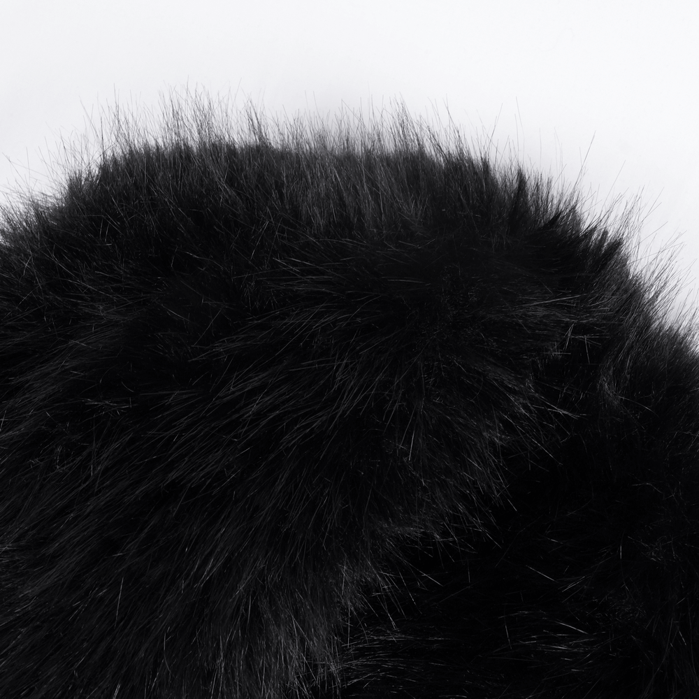 Close-up of luxurious black faux fur detail, perfect for adding elegance to gothic fashion.