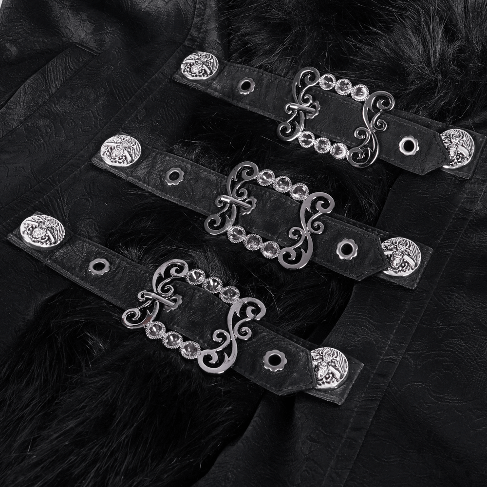 Close-up of elegant silver-tone buckles on a Victorian Gothic black jacket with faux fur accents.