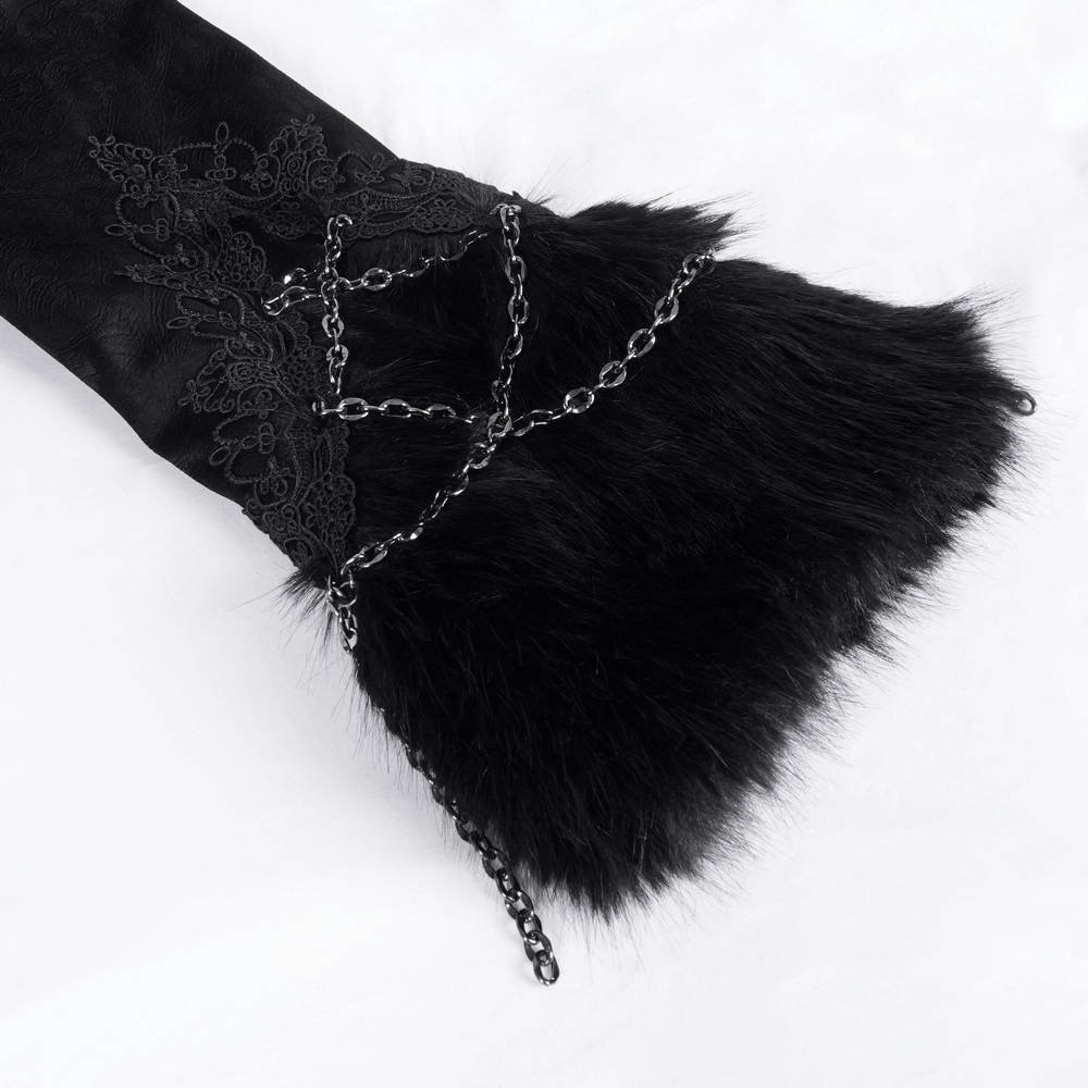 Close-up of black faux fur cuff with lace detailing and chain embellishments for Gothic fashion.