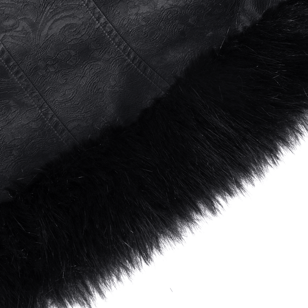 Close-up of luxurious faux fur trim on a Victorian Gothic black jacket with intricate lace details.