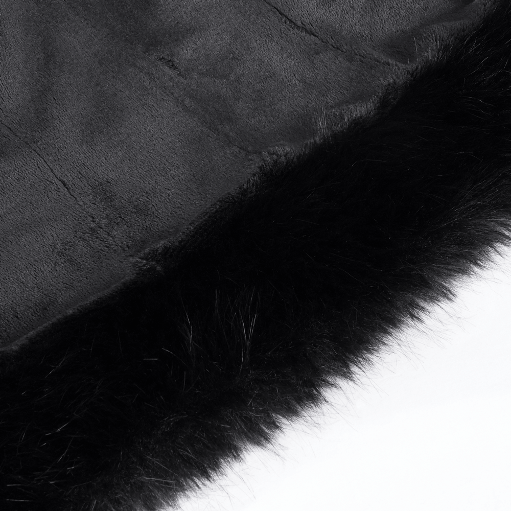 Close-up of luxurious black faux fur trim on a Victorian Gothic jacket, showcasing soft texture and elegance.