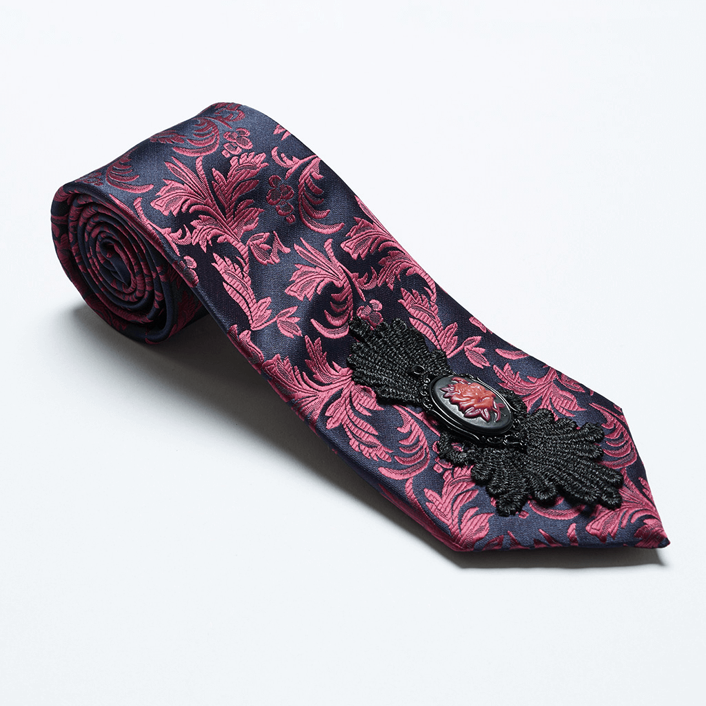 Elegant Gothic Floral Pattern Tie with Rose Pendant