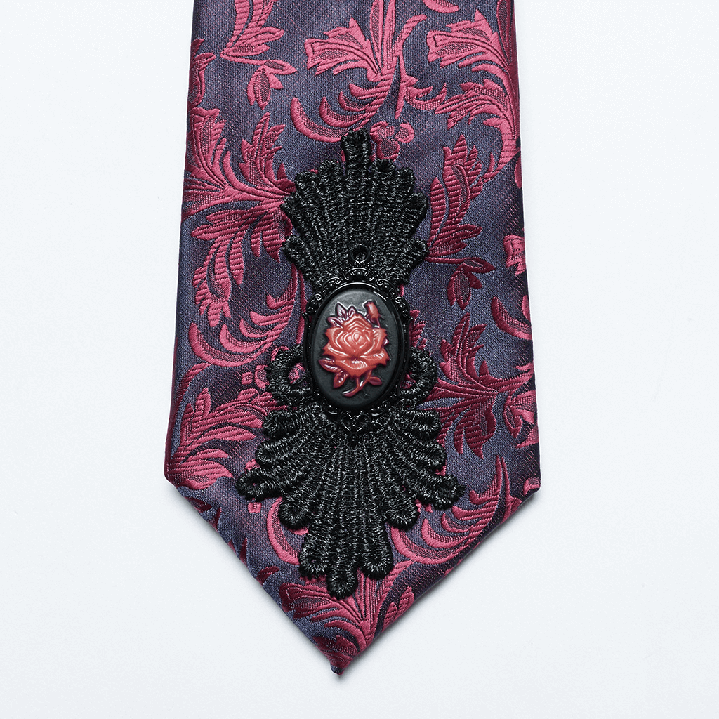 Elegant Gothic Floral Pattern Tie with Rose Pendant