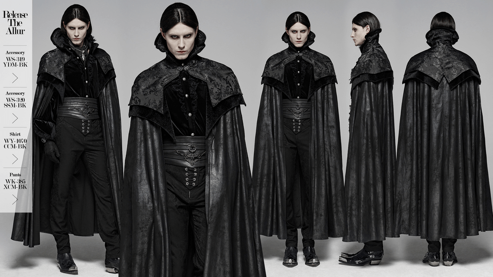 Elegant Gothic cloak with jacquard detail, showcasing a majestic full-length design for a regal look.