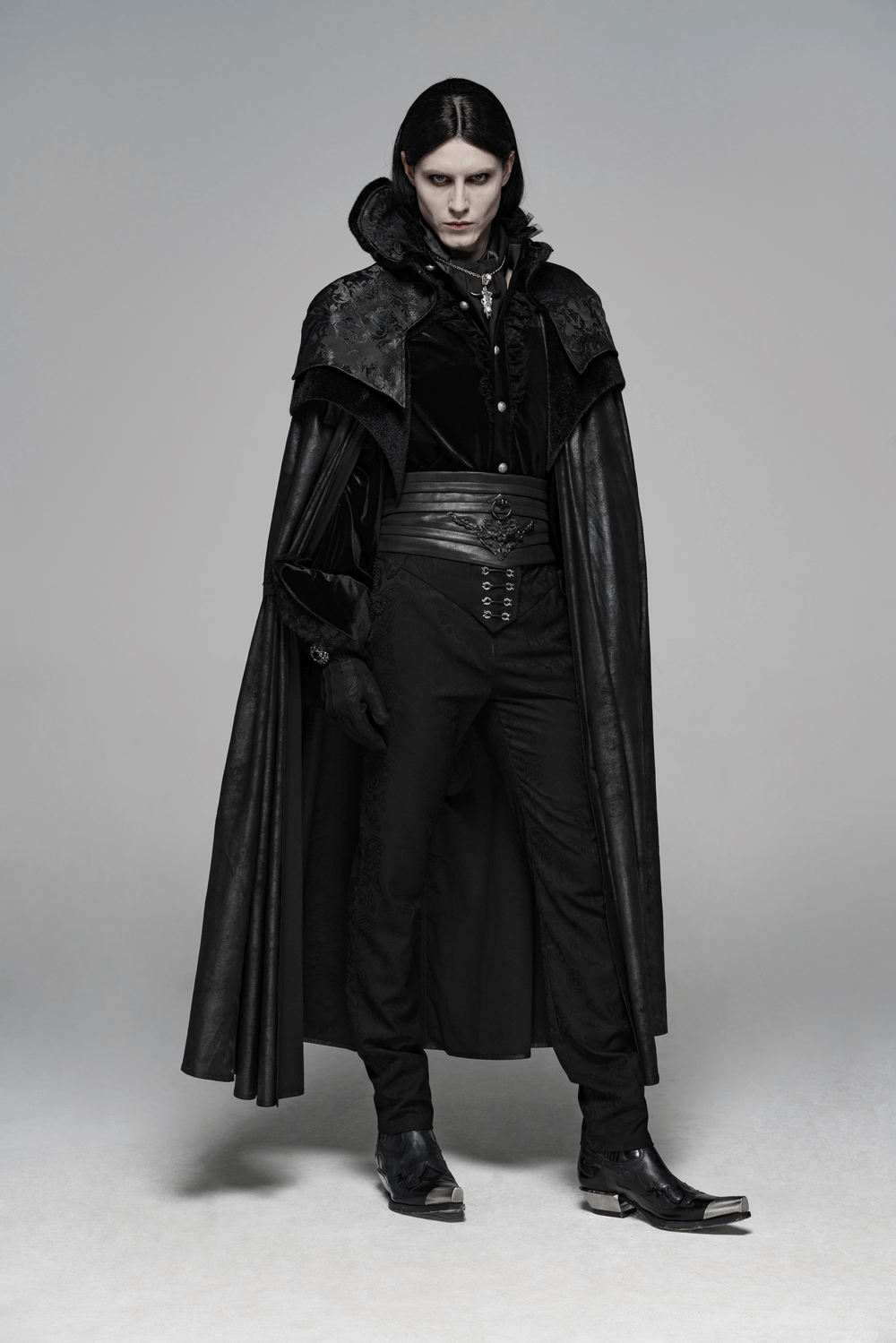 Elegant Gothic Full-Length Cloak with Jacquard Detail - HARD'N'HEAVY