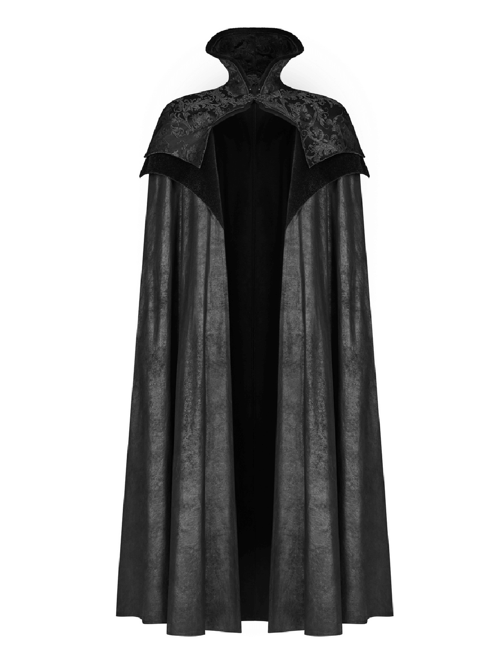 Elegant Gothic full-length cloak with jacquard detail and regal stand-up collar, perfect for majestic attire.