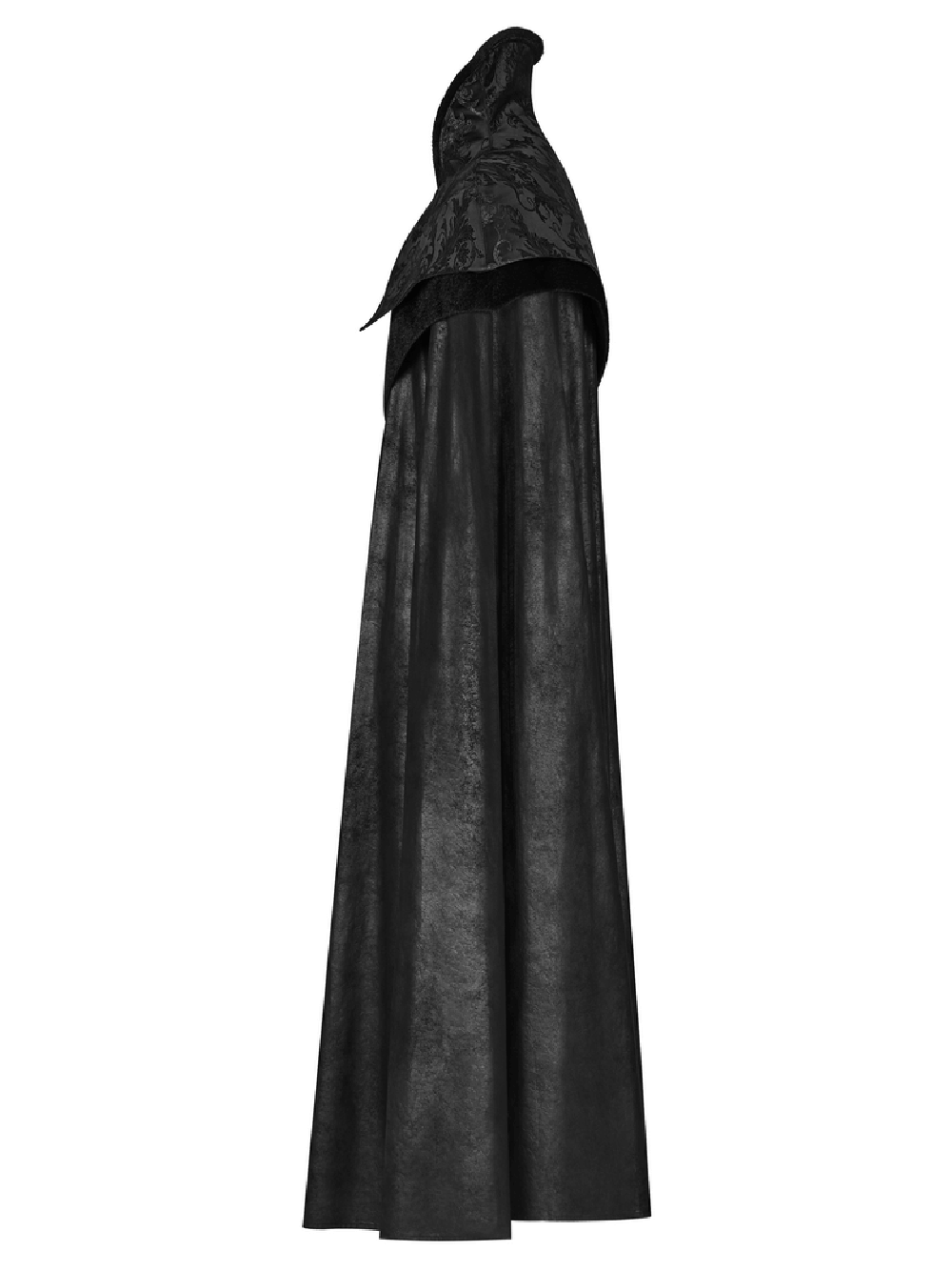Elegant full-length gothic cloak with jacquard detail and a dramatic hood design.