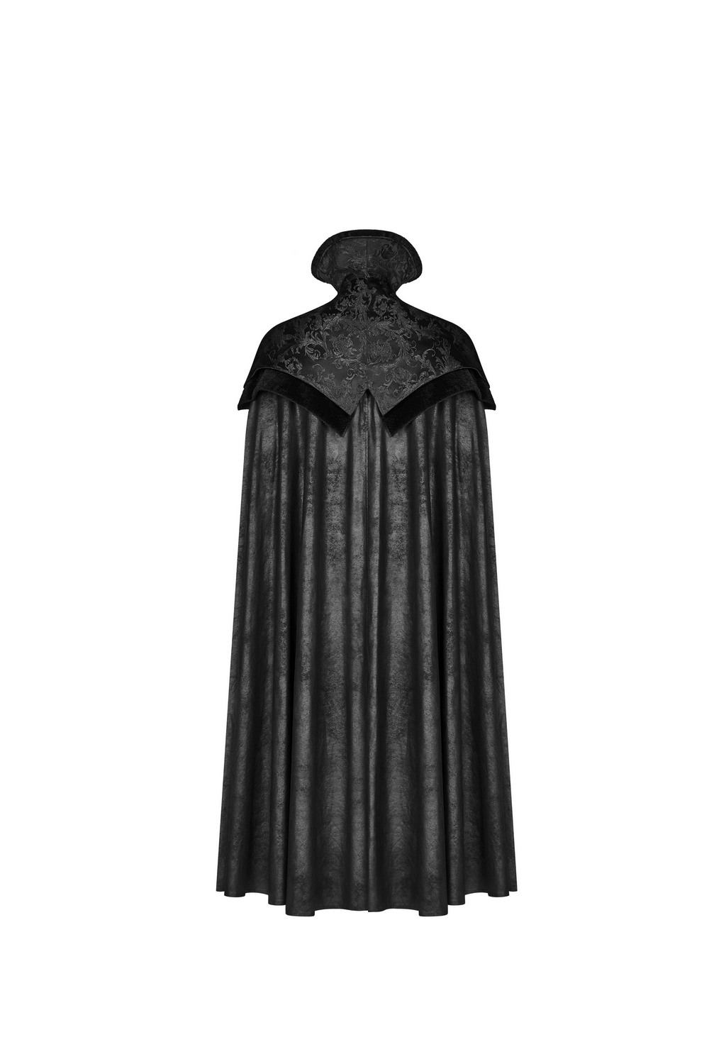 Elegant full-length black Gothic cloak with jacquard detail and a regal collar.