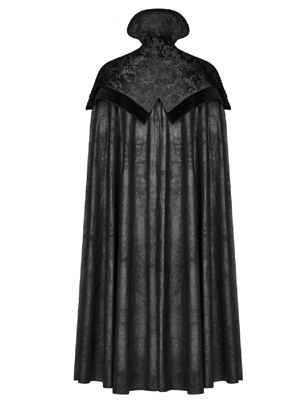 Elegant full-length black Gothic cloak with jacquard detail and a regal collar.