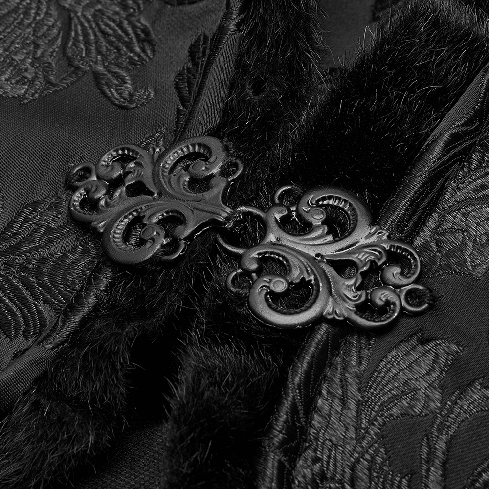 Intricate black fastening detail on luxurious Gothic cloak with jacquard fabric and soft texture.