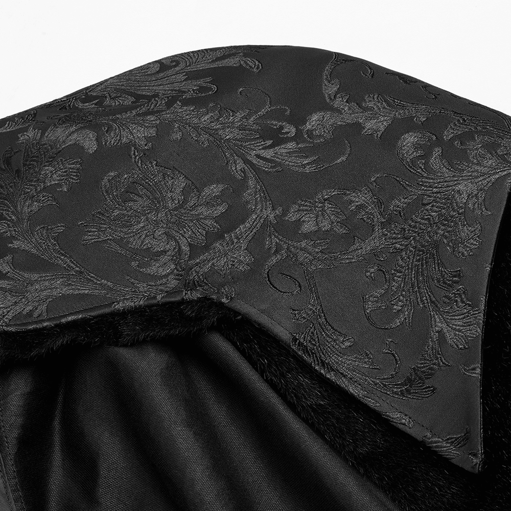 Elegant Gothic full-length cloak with intricate jacquard detail and luxurious fabric, showcasing its regal design.