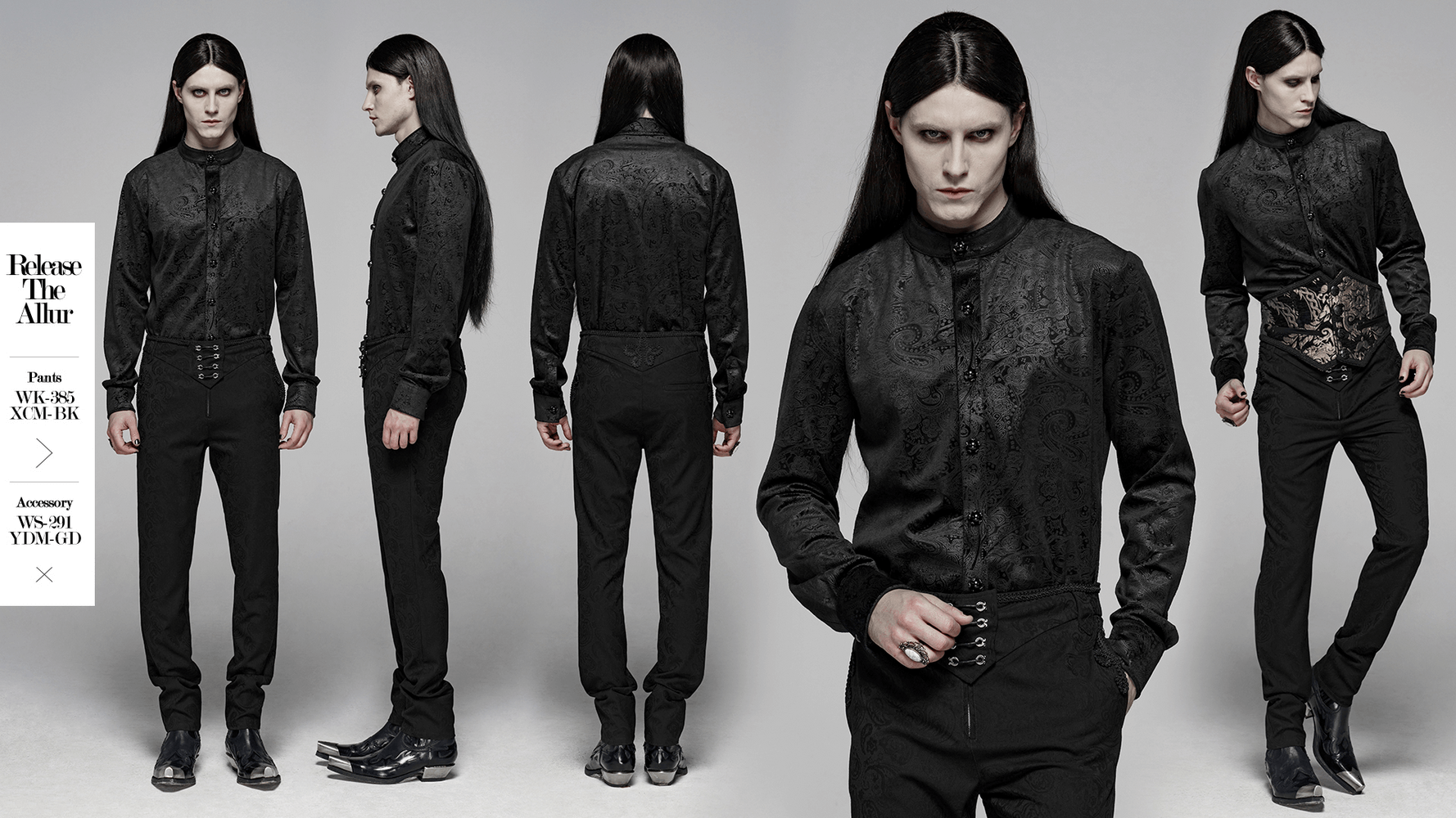 Elegant Gothic gentleman's shirt with gemstone buttons and fitted black pants, showcasing dark fashion aesthetics.
