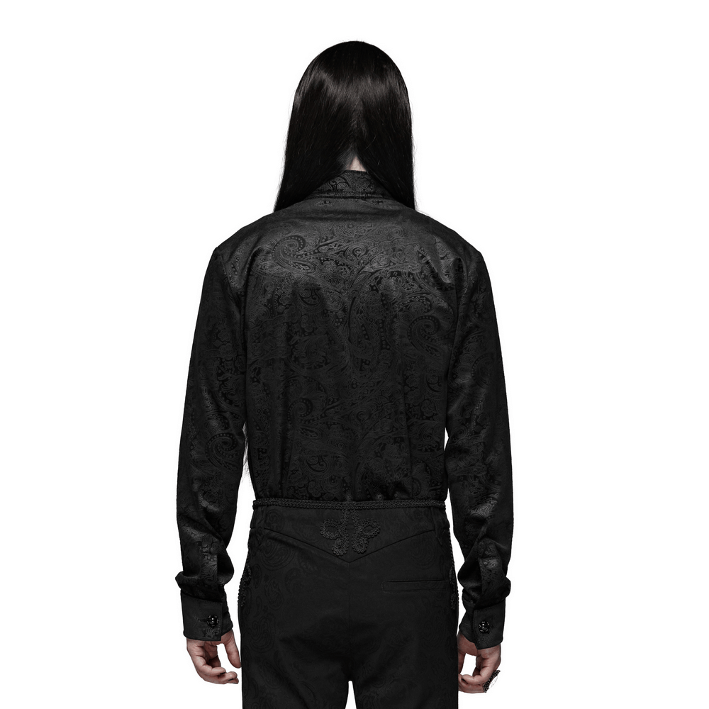 Back view of an elegant Gothic gentleman's shirt with intricate black printed fabric and tailored fit.