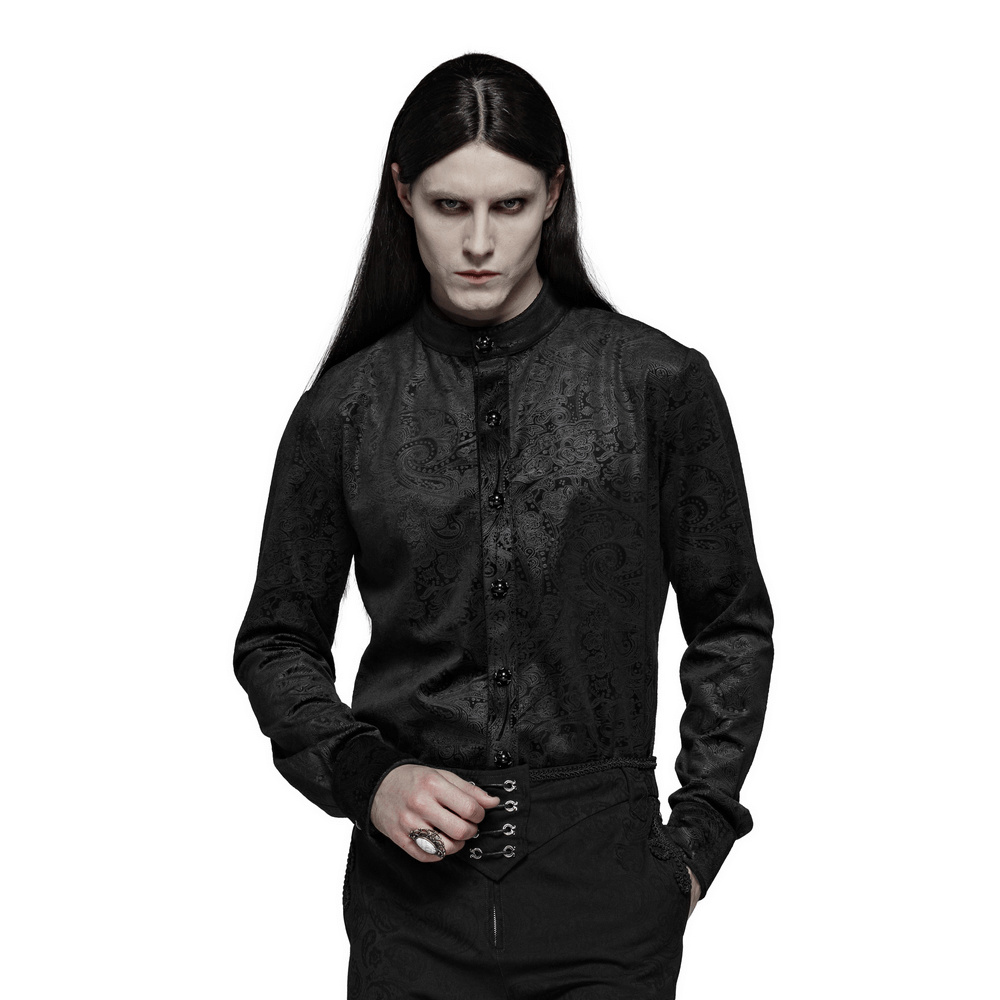 Elegant Gothic Gentleman's shirt in black fabric with gemstone buttons, showcasing timeless dark style.