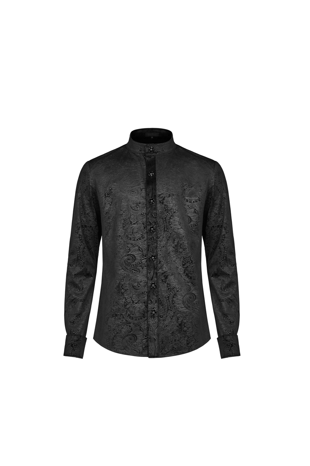 Elegant Gothic Gentleman's shirt with gemstone buttons and dark printed fabric for a timeless gothic look.