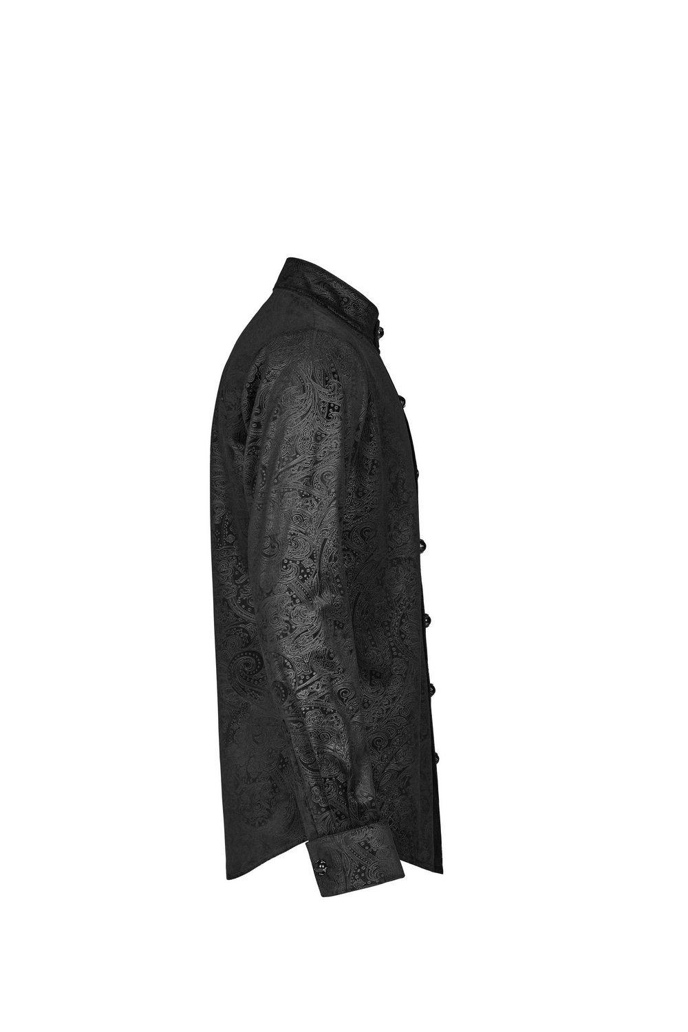 Elegant Gothic Gentleman's shirt in black with intricate print and gemstone buttons, showcasing dark elegance and a fitted silhouette.