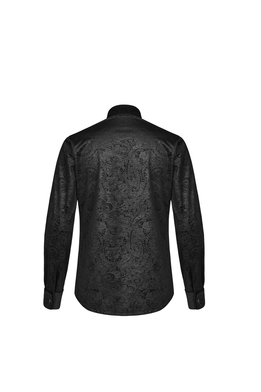 Back view of a classic Gothic Gentleman's shirt with intricate black printed fabric and a fitted silhouette.