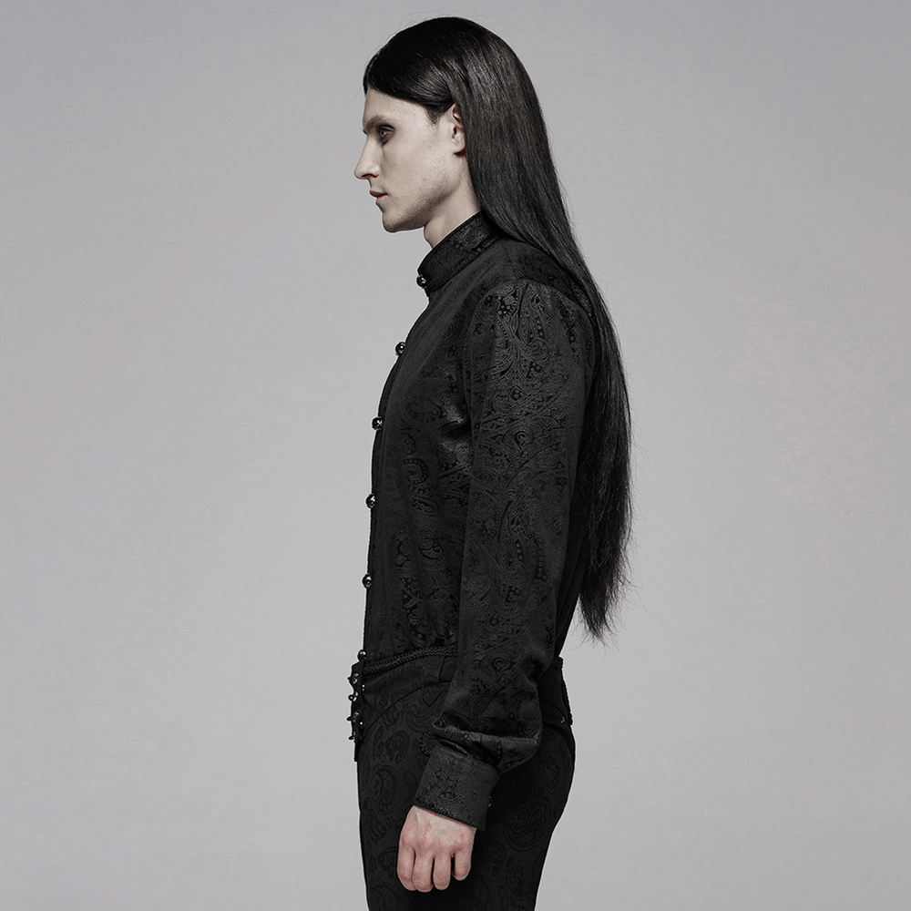 Elegant Gothic gentleman's shirt in black with gemstone buttons, showcasing a fitted cut and intricate printed fabric.