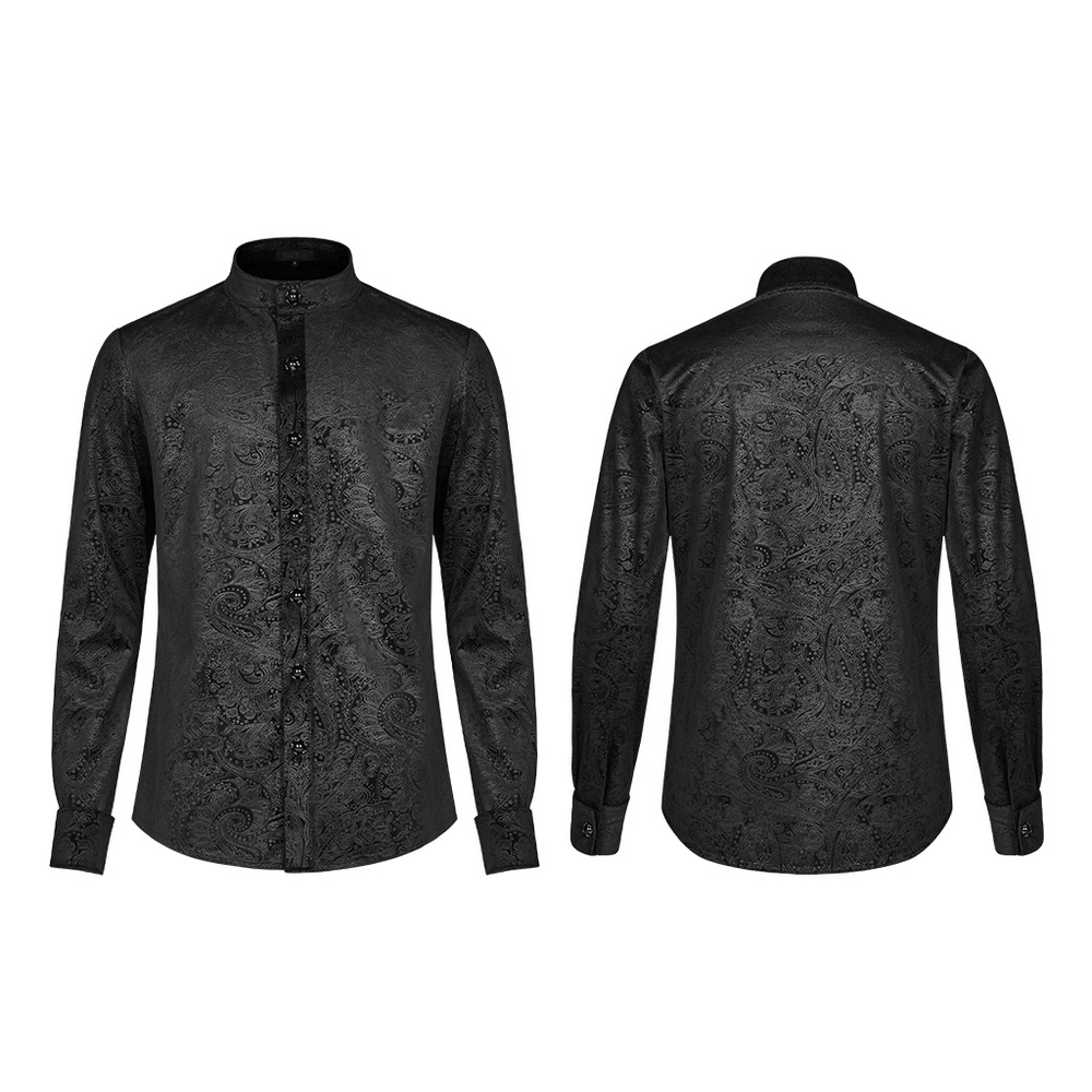 Elegant Gothic Gentleman's Shirt with gemstone buttons and intricate black printed fabric, perfect for dark style.