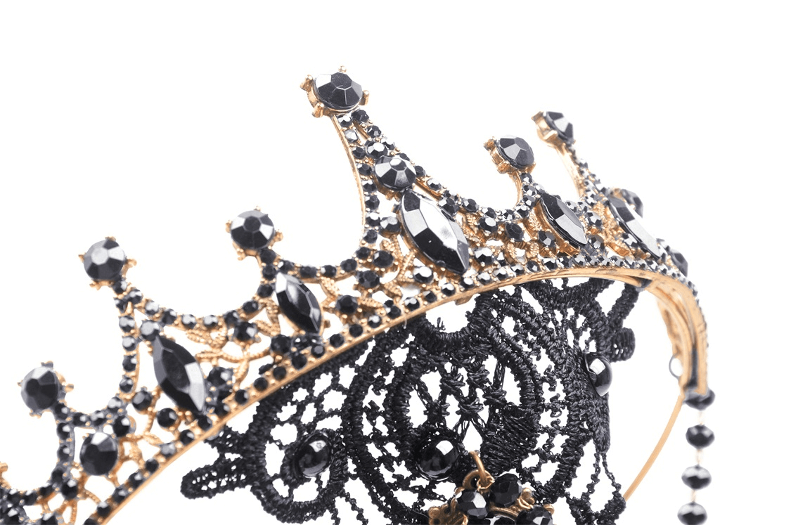 Elegant Gothic Gold Crown With Black Beads And Lace